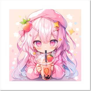 girl drink strawberry tea Posters and Art